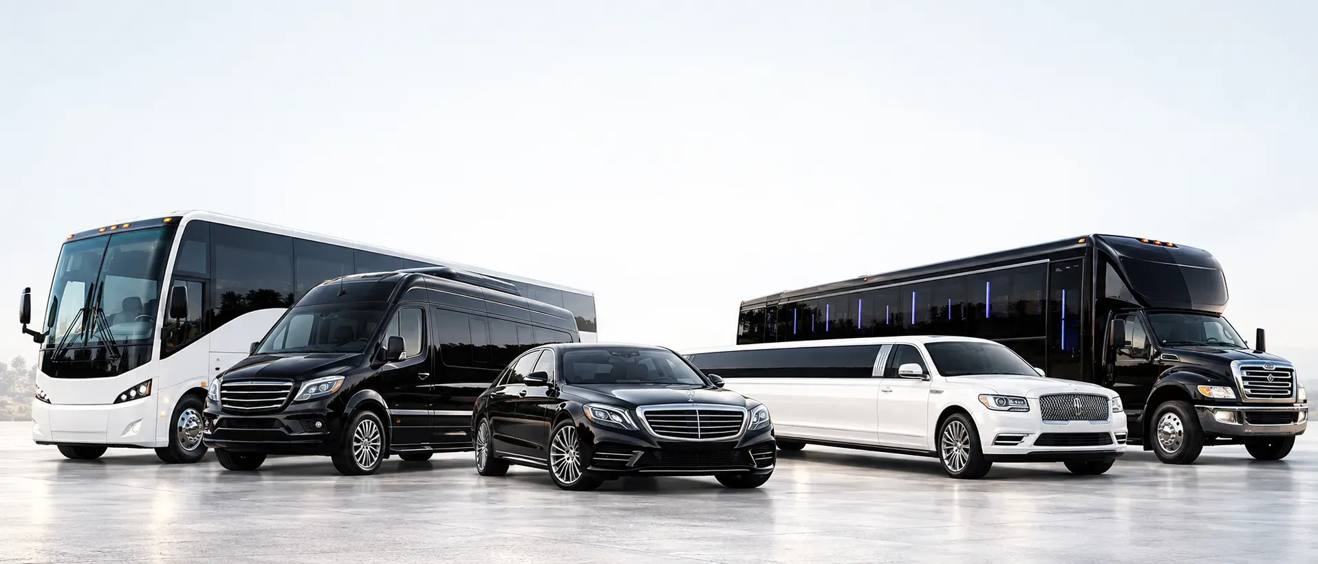 Get your quote A lineup of black chauffeur vehicles: a coach, a minibus, a stretch Hummer, a Lincoln stretch limousine, executive sedans and a party bus